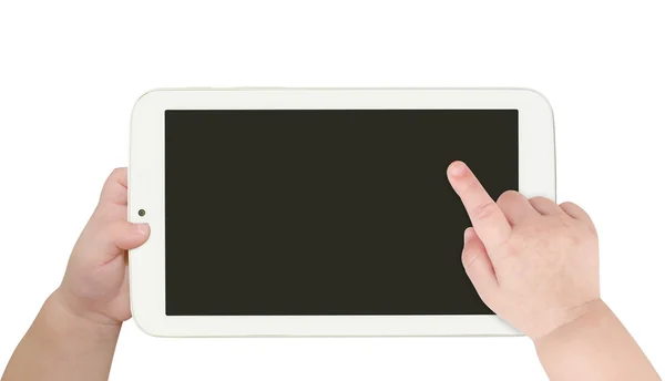 Beyaz tablet bilgisayarı gösteren bir bebek el — Stok fotoğraf