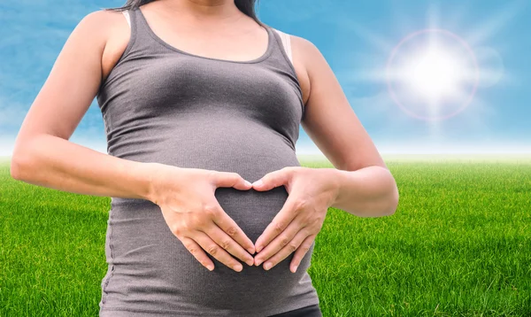 Mujer embarazada puso sus manos en el vientre haciendo forma de corazón —  Fotos de Stock