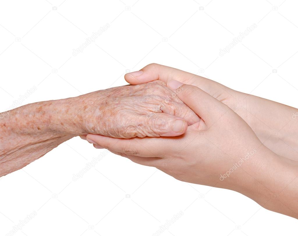 Young woman holding her grandmother hand
