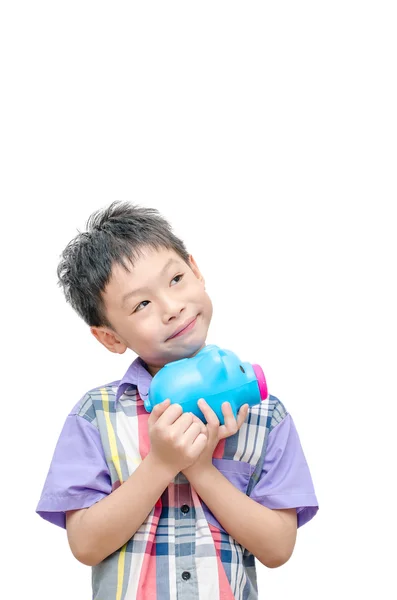 Азиатский мальчик с копилкой — стоковое фото