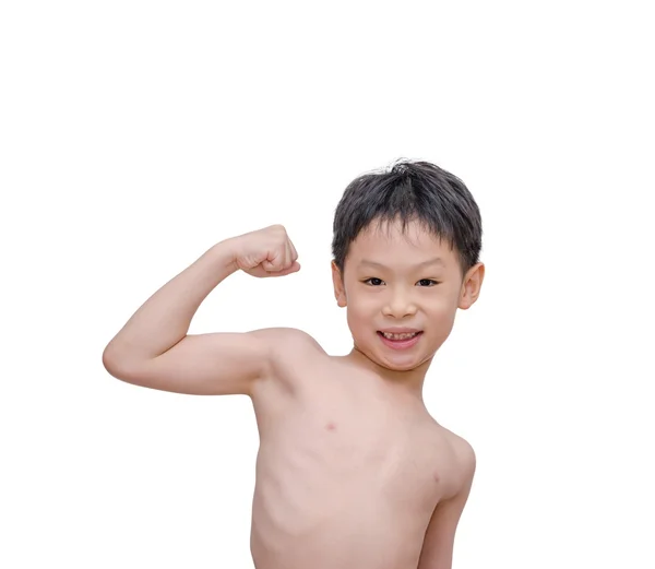 Slim boy showing his arm muscle — Stock Photo, Image