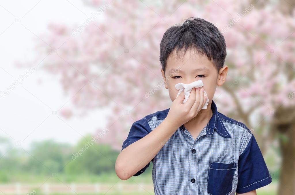 boy has allergies from flower pollen