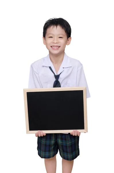 Asian schoolboy holding chalkboard — Stock Photo, Image
