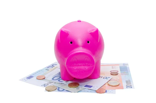 Piggy bank on bank note and coins — Stock Photo, Image