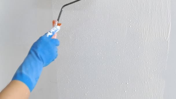 Mano de pintor con pared de pintura de rodillos — Vídeos de Stock