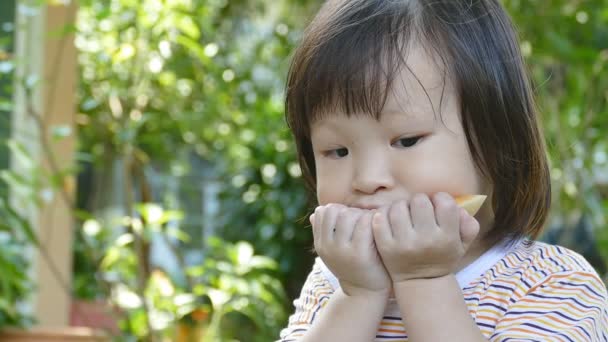 Little girl enjoy eating  melon in park — Stock Video