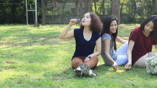 Niñas riendo y soplando burbujas de jabón en el parque . — Vídeos de Stock