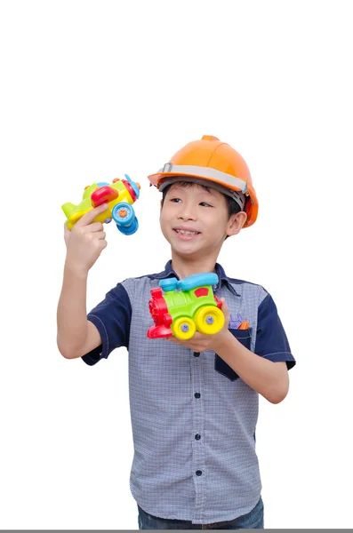 Niño jugando con avión y tren juguete — Foto de Stock