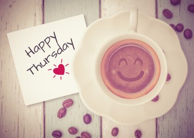 Happy Thursday with coffee cup on table clipart