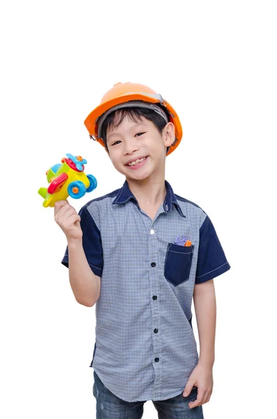 Chlapec hrát s hračkou letadla — Stock fotografie