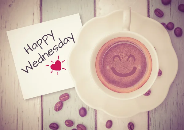 Happy wednesday with coffee cup on table — Stock Photo, Image