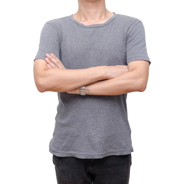 Petto uomo indossando t-shirt grigia — Foto Stock