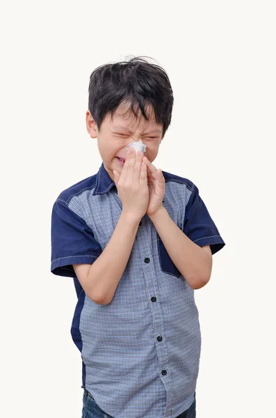 Little boy wipes his nose by paper — Stock Photo, Image