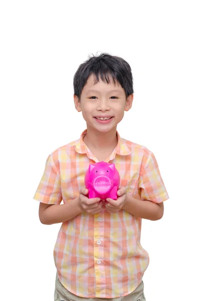 Niño sosteniendo rosa alcancía sobre blanco —  Fotos de Stock