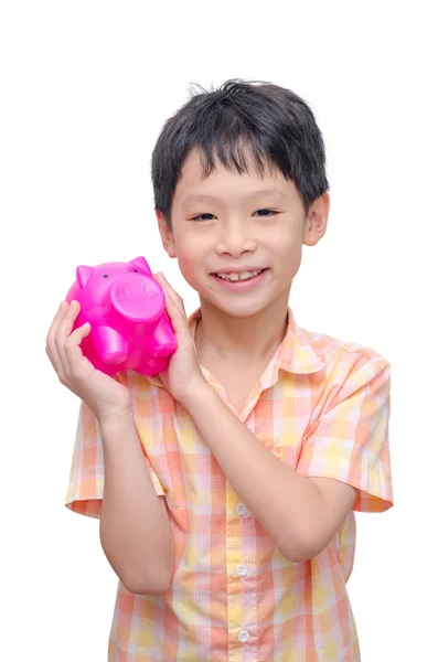 男孩与粉红猪存钱罐 — 图库照片