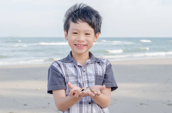 Menino com concha na praia — Fotografia de Stock