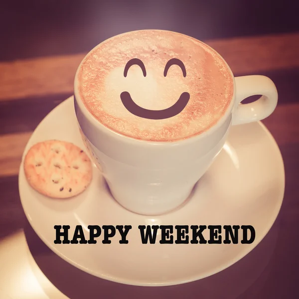 Feliz fim de semana com xícara de café — Fotografia de Stock