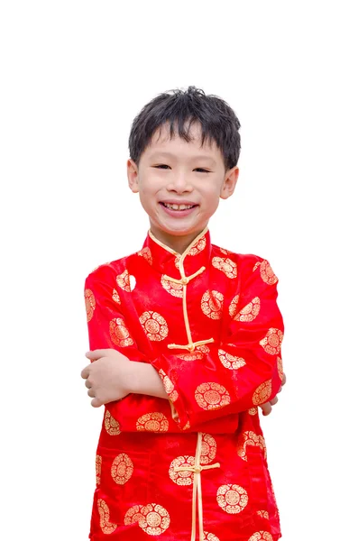 Menino chinês em traje tradicional sorrindo sobre branco — Fotografia de Stock