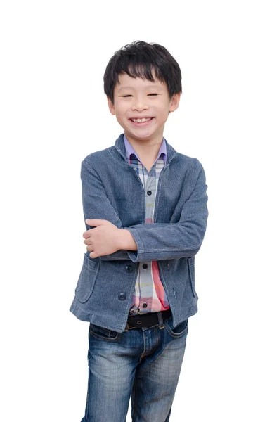 Chlapec úsměvy nad bílá — Stock fotografie