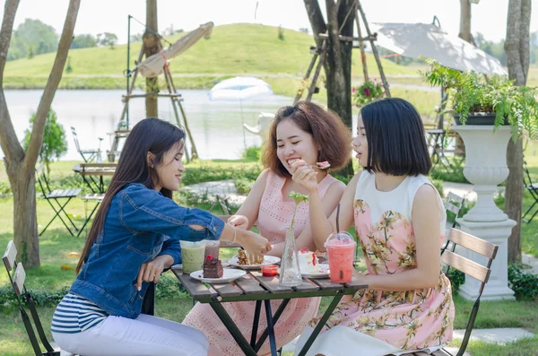 Vrouwen genieten van eten en samen praten — Stockfoto