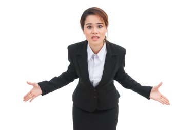 Beyaz arka plan üzerinde izole memnun iş kadını