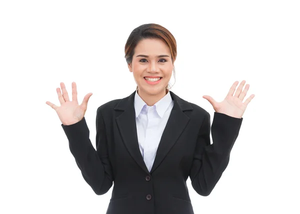 Aziatische zakenvrouw met handen uitgebreid glimlachend geïsoleerd op whi Stockfoto