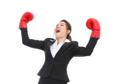 Asya iş kadını ile boks eldiven üzerinde beyaz backgr izole