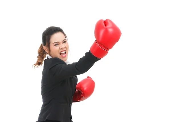 Asian business woman with boxing gloves punching isolated on whi — Stock Photo, Image