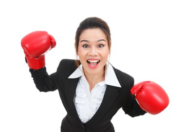 Asya iş kadını ile boks eldiven üzerinde beyaz backgr izole