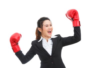 Asya iş kadını ile boks eldiven üzerinde beyaz backgr izole