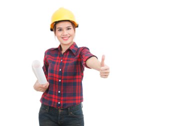 Asya mühendisi kadın başparmak yukarıya beyaz izole planları ile