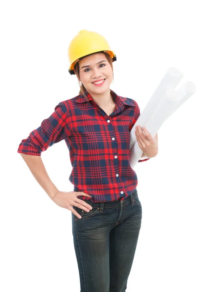 Asiatische Ingenieurin Frau mit Bauplänen isoliert auf weißem Hintergrund — Stockfoto