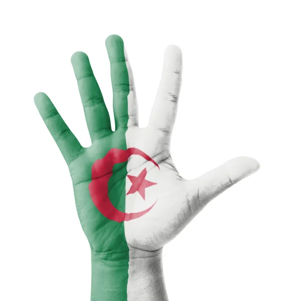 Alza mano aperta, concetto multiuso, bandiera algerina dipinta  - — Foto Stock