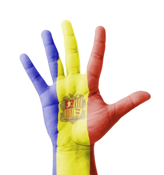 Open hand verhoogd, Multi Purpose concept, Andorra vlag geschilderd - — Stockfoto