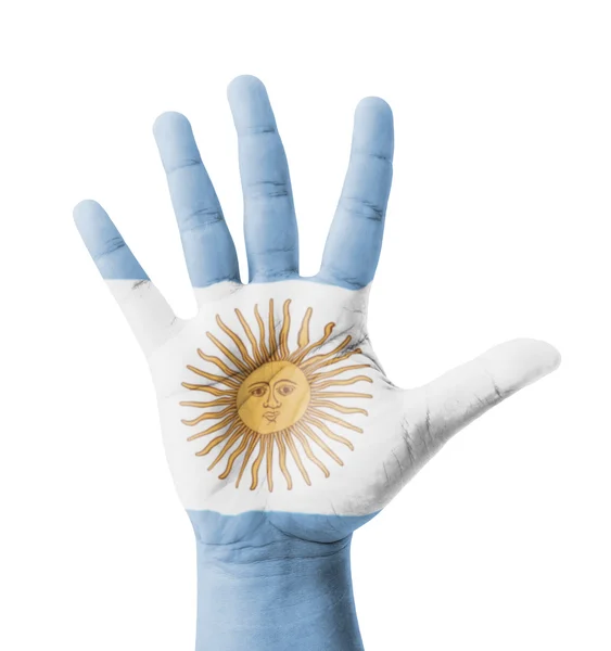 Open hand naar voren gebracht, multi purpose concept, Argentinië vlag geschilderd — Stockfoto