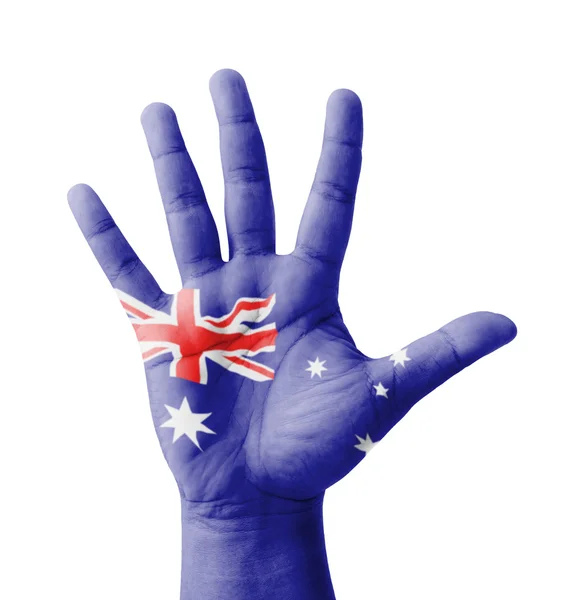 Open hand raised, multi purpose concept, Australia flag painted — Stock Photo, Image