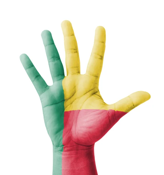 Открытая рука поднята, многоцелевая концепция, нарисован флаг Бенина - это — стоковое фото