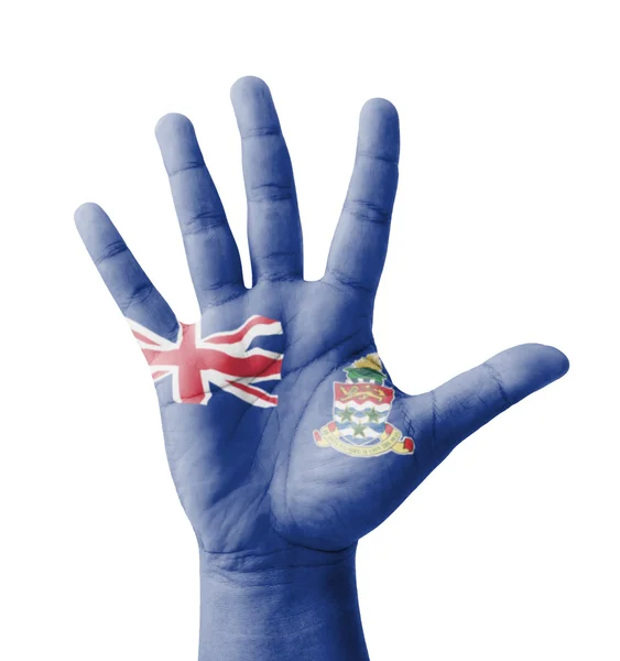 Open hand raised, multi purpose concept, Cayman Islands flag pai — Stock Photo, Image