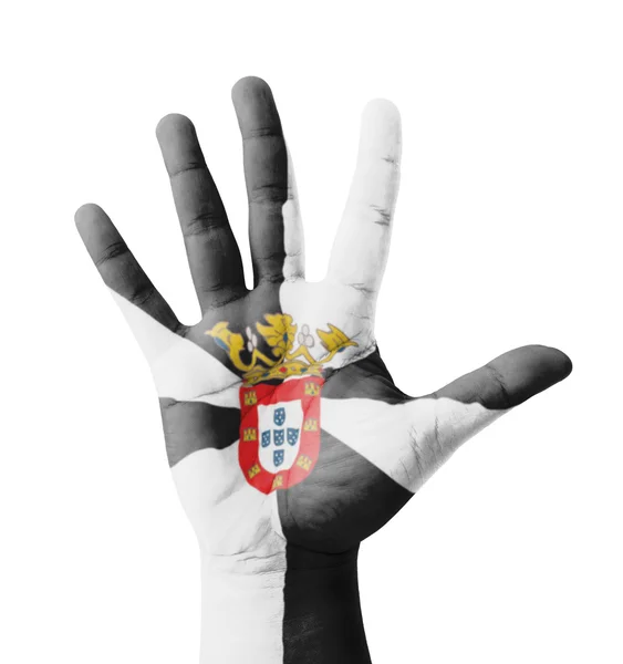 Open hand raised, multi purpose concept, Ceuta flag painted - is — Stock Photo, Image