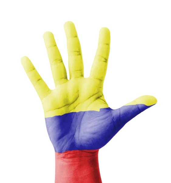 Mano abierta levantada, concepto de usos múltiples, bandera de Colombia pintada  - — Foto de Stock