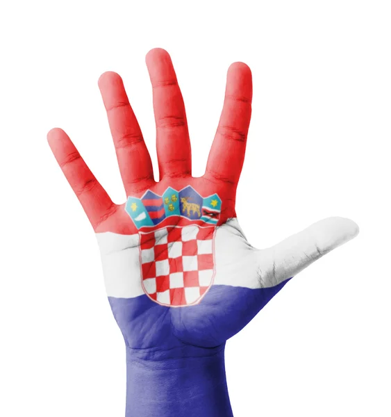 Mão aberta levantada, conceito multiúso, bandeira da Croácia pintada  - — Fotografia de Stock