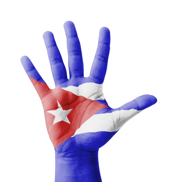 Mano abierta levantada, concepto polivalente, bandera cubana pintada - iso — Foto de Stock