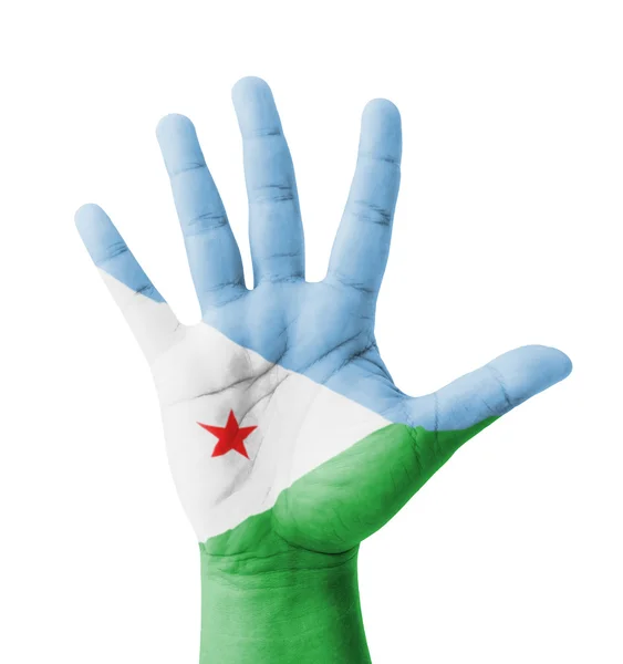 Otwarta ręka podniesiona, koncepcja wielozadaniowa, Flaga Dżibuti malowane - — Zdjęcie stockowe