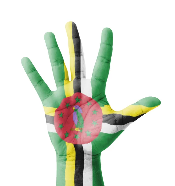 Open hand raised, multi purpose concept, Dominica flag painted - — Stock Photo, Image