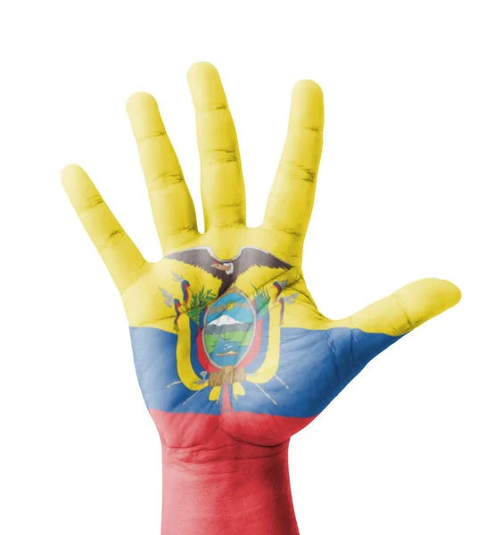 Mano abierta levantada, concepto polivalente, bandera ecuatoriana pintada  - — Foto de Stock