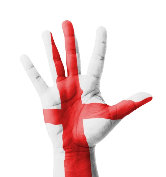 Mano abierta levantada, concepto multipropósito, bandera de Inglaterra pintada  - — Foto de Stock