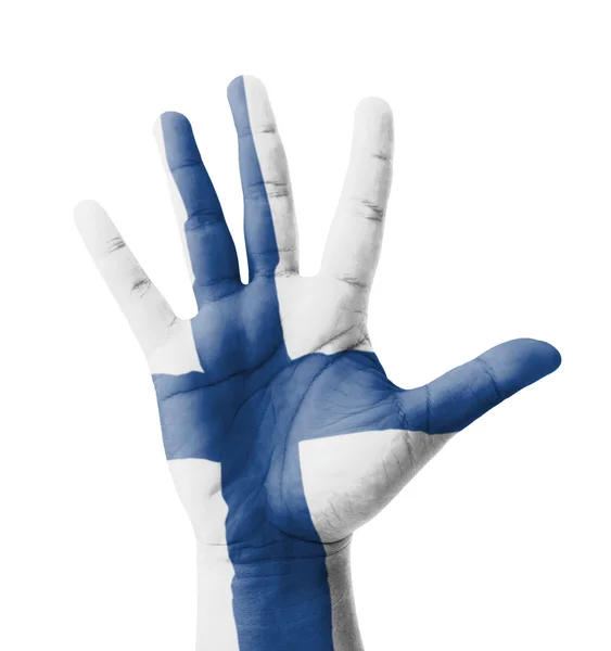 Mano abierta levantada, concepto de usos múltiples, bandera de Finlandia pintada  - — Foto de Stock