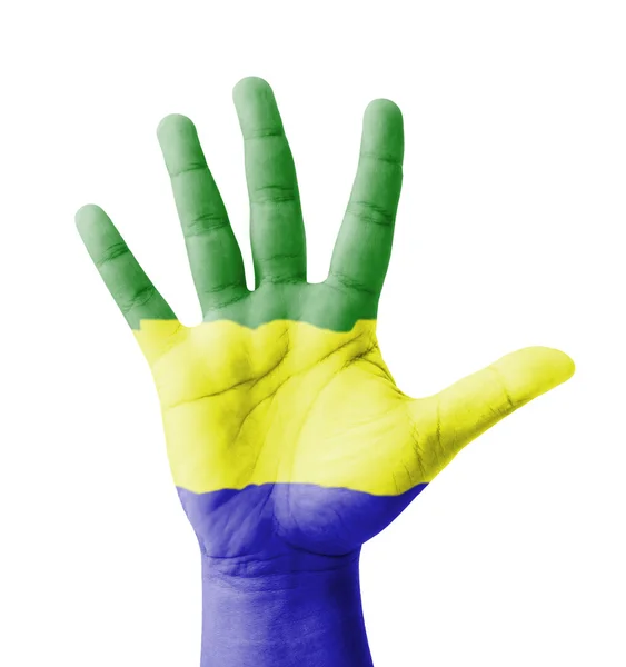 Open hand raised, multi purpose concept, Gabon flag painted - is — Stock Photo, Image