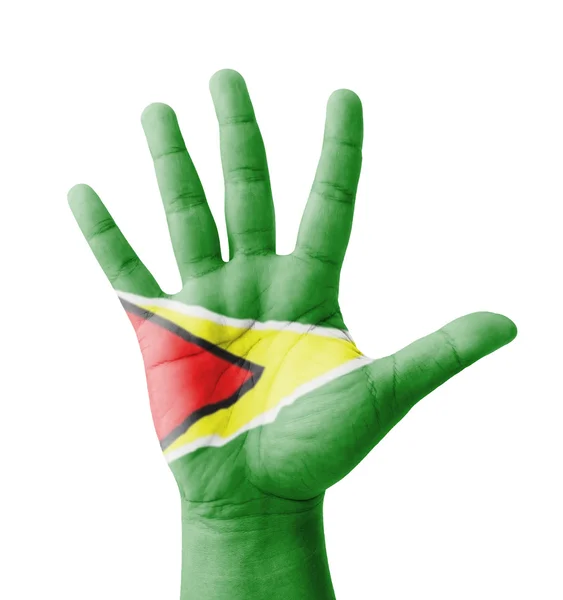 Open hand raised, multi purpose concept, Guyana flag painted - i — Stock Photo, Image