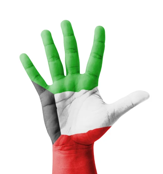 Ανοίξτε το υψωμένο το χέρι, multi σκοπό έννοια, σημαία του Κουβέιτ ζωγραφισμένα - εγώ — Φωτογραφία Αρχείου